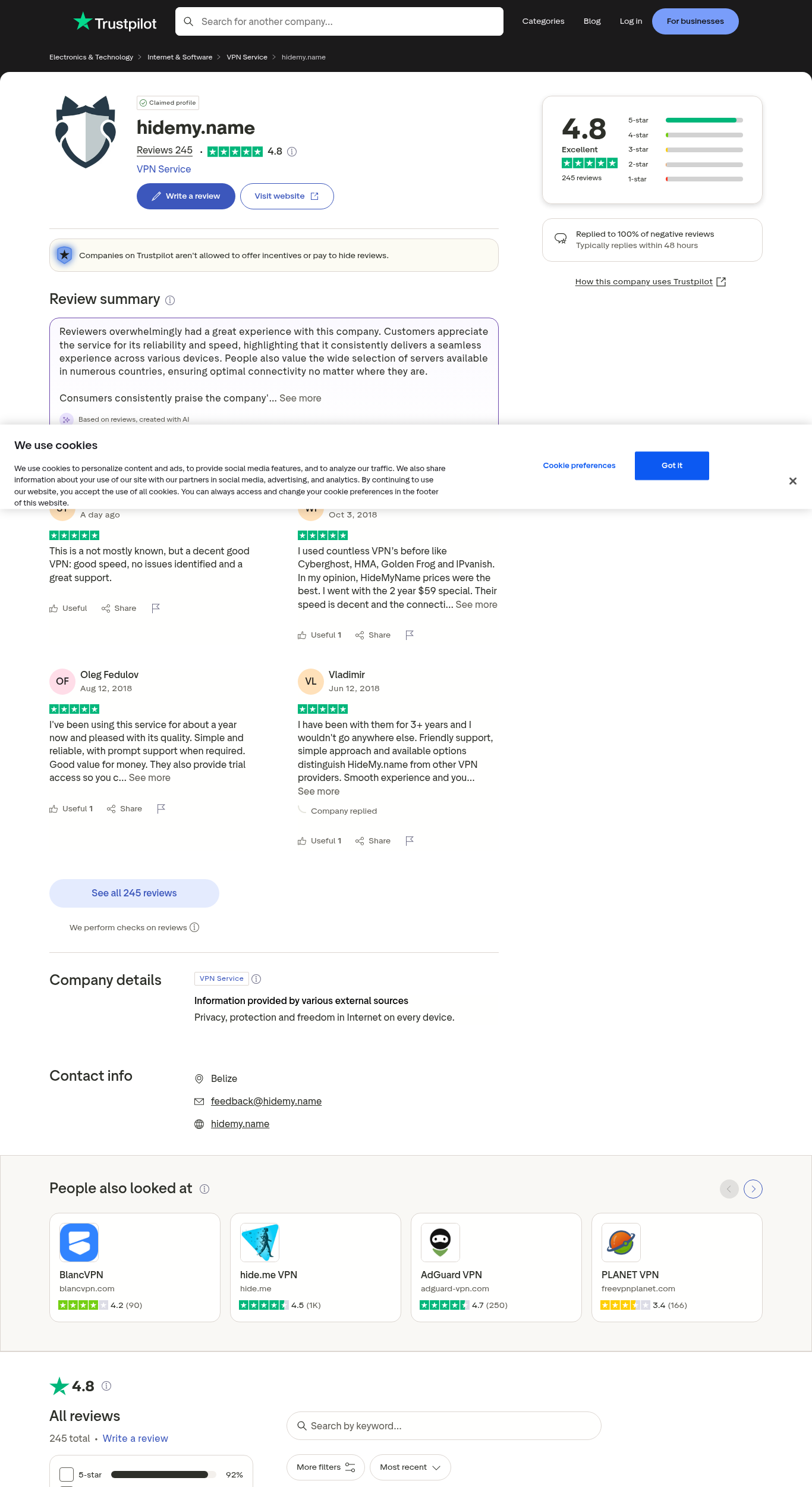 Hidemy.name Trustpilot Reviews Screenshot