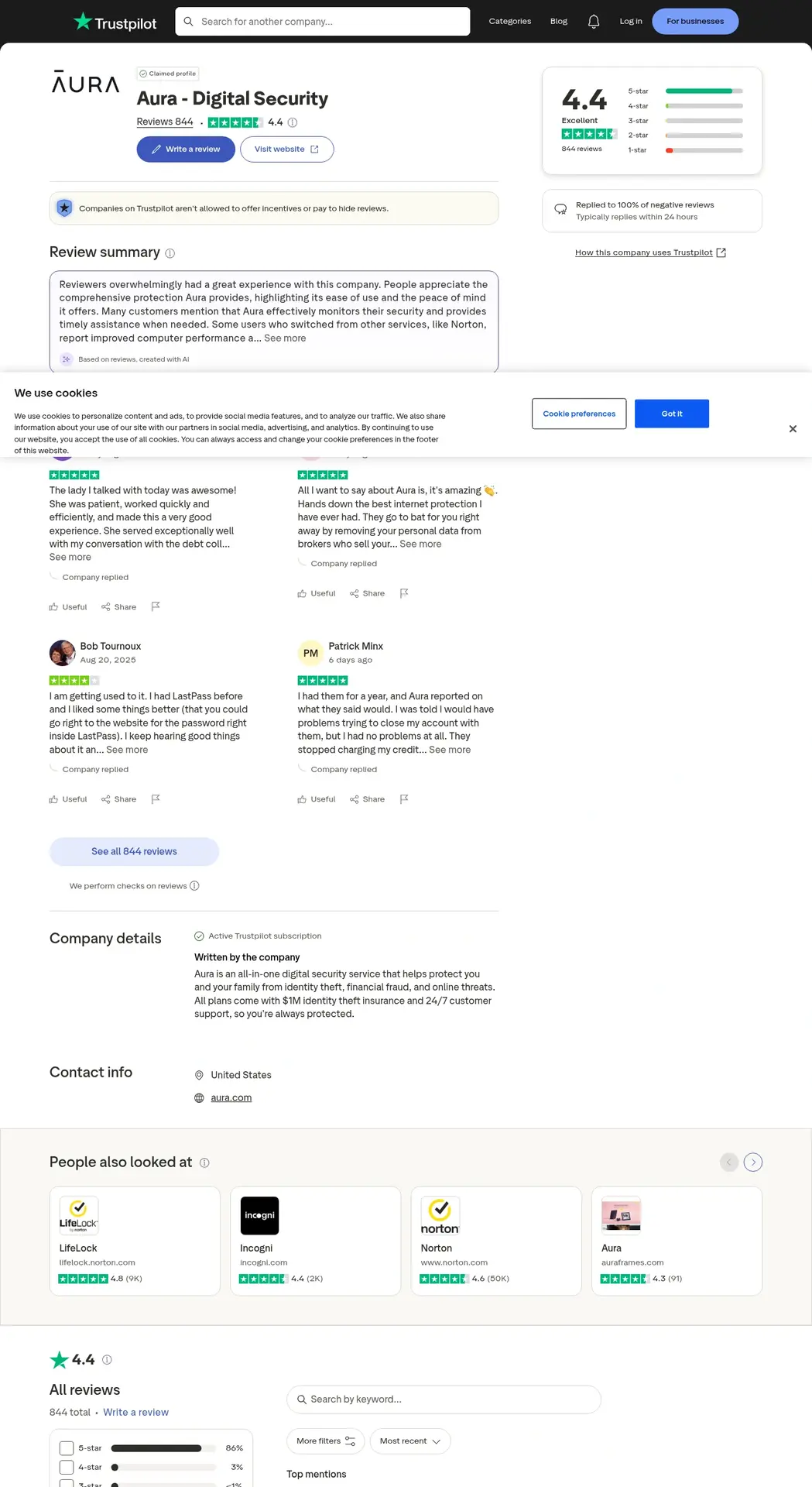 Aura Trustpilot Reviews Screenshot