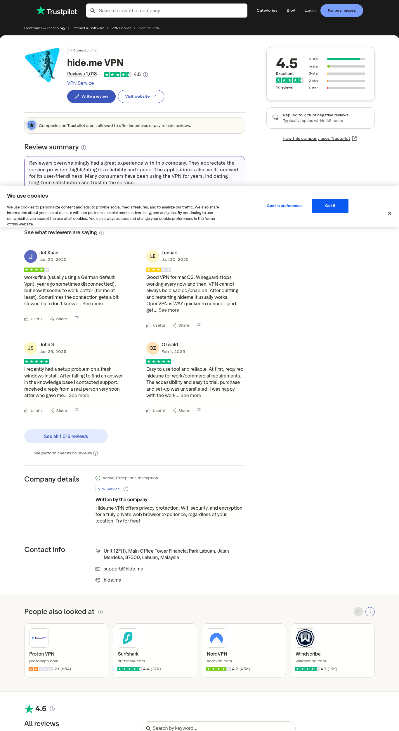 Hide.me VPN Trustpilot Reviews Screenshot
